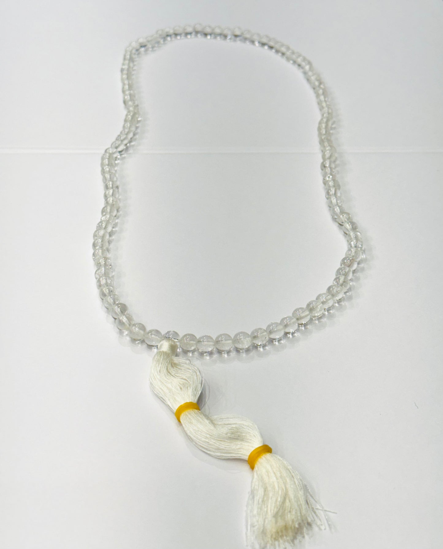 Japamala Genuine Prayer Mala Beads Clear Crystal Quartz with White Tassel