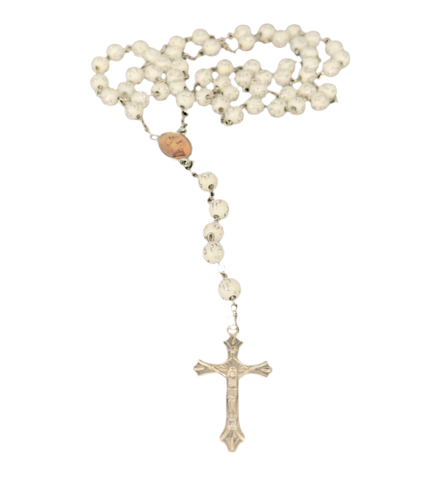 Vintage Silver Cross With Jesus Christ and White Round Beads Engraved Cross Rosary
