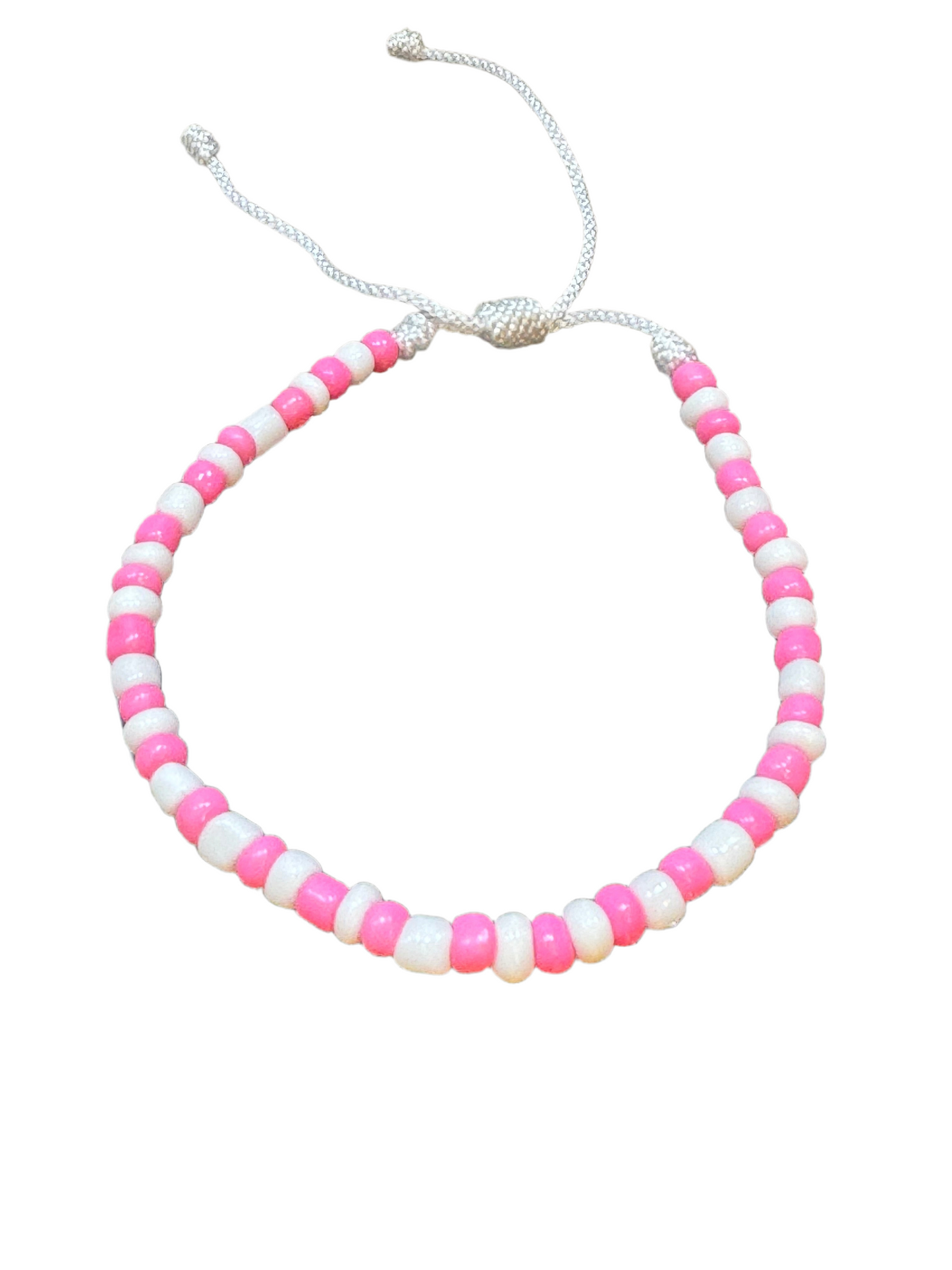 Handmade Pull Tie Beaded String Pink and White Bracelet