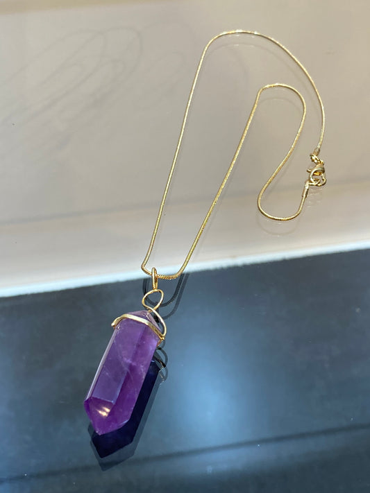 Amethyst Double Terminated Point Gold Overlay Twist Pendant with Gold Chain