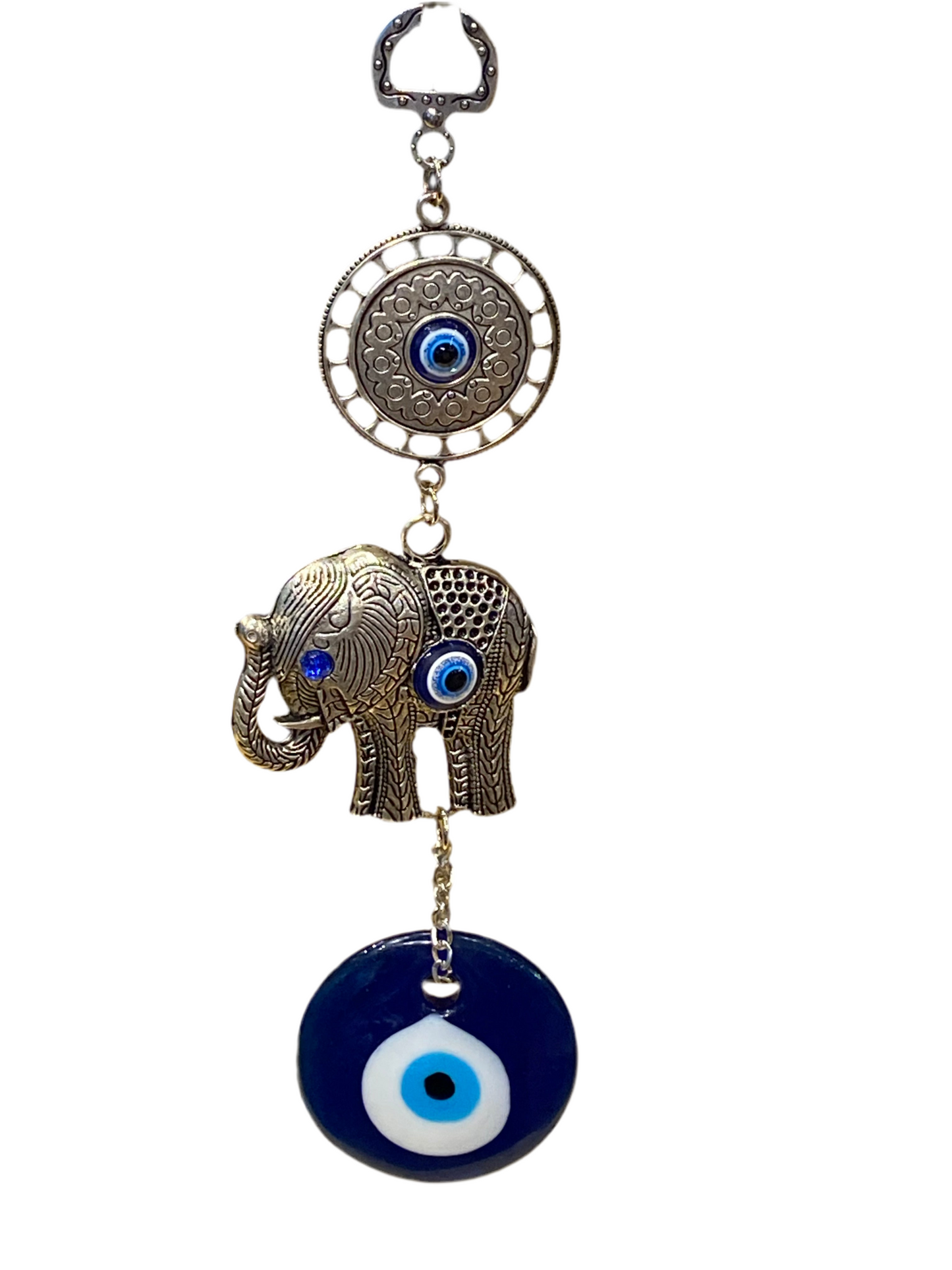 Mandala India Elephant With Evil Eye Medallion talisman with intricate elephant design and blue evil eye amulet for spiritual protection.