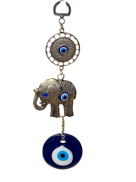 Mandala India Elephant With Evil Eye Medallion talisman with intricate elephant design and blue evil eye amulet for spiritual protection.