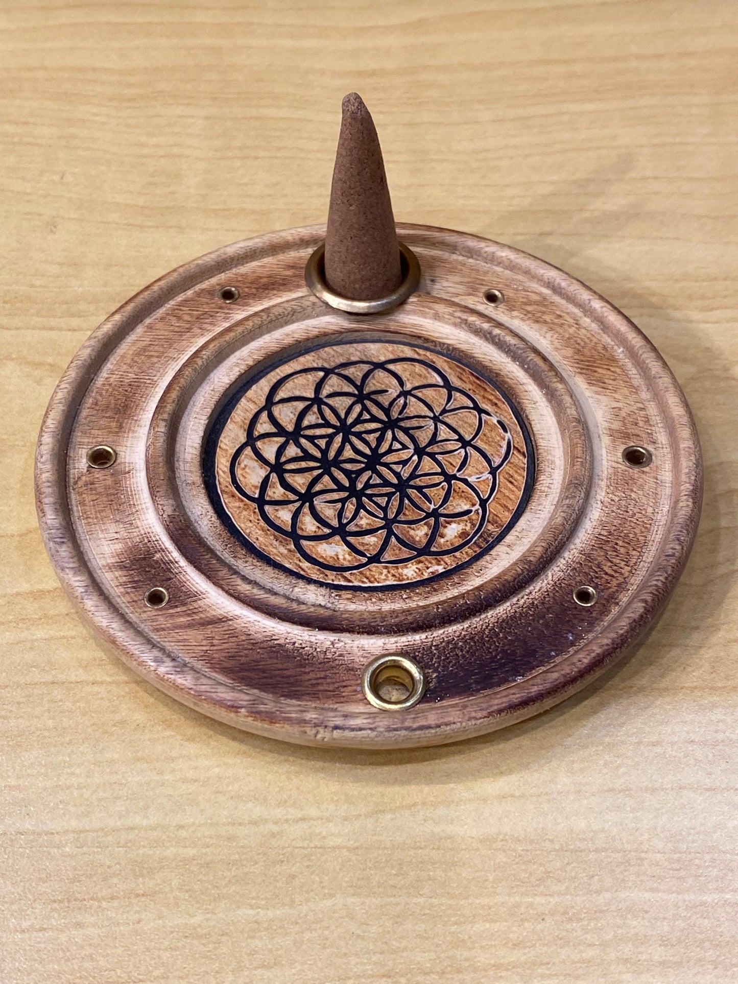 Wood Round Flower Of Life Incense Cone and Stick Burner