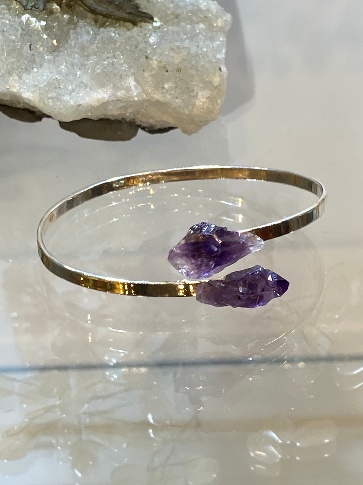 Silver Bracelet Cuff With Two Amethyst Points Crystals