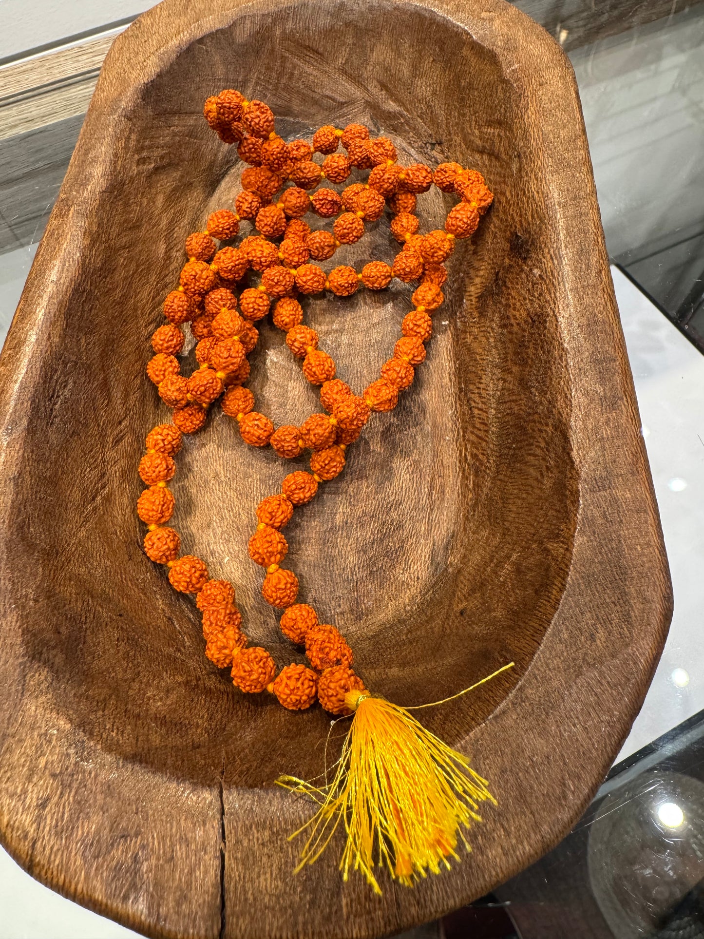 8mm Rudraksha Seed Mala with Rust Red Yellow Tassel – Divine Focus & Balance Mala