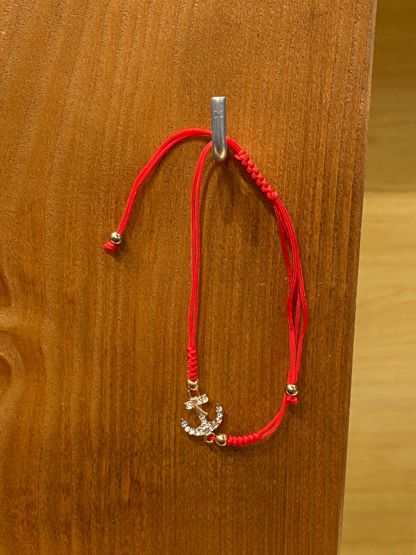 Red String Pull Tie Bracelet Rhinestone Anchor Charm and Golden Beads