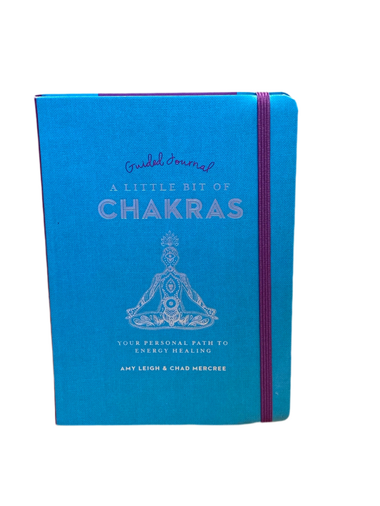Guided Journal A Little Bit of Chakras by Amy Leigh & Chad Mercree, blue cover with purple strap, focusing on chakra exploration and energy alignment.