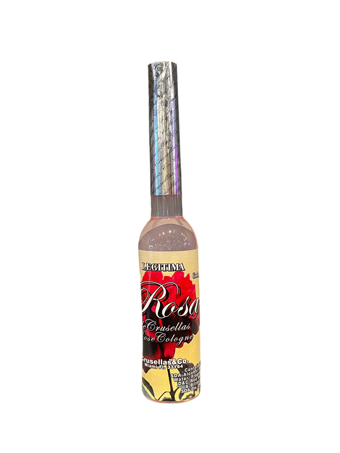 Rose Cologne Legitima bottle by Crusellas and Company for good luck and romantic scent.