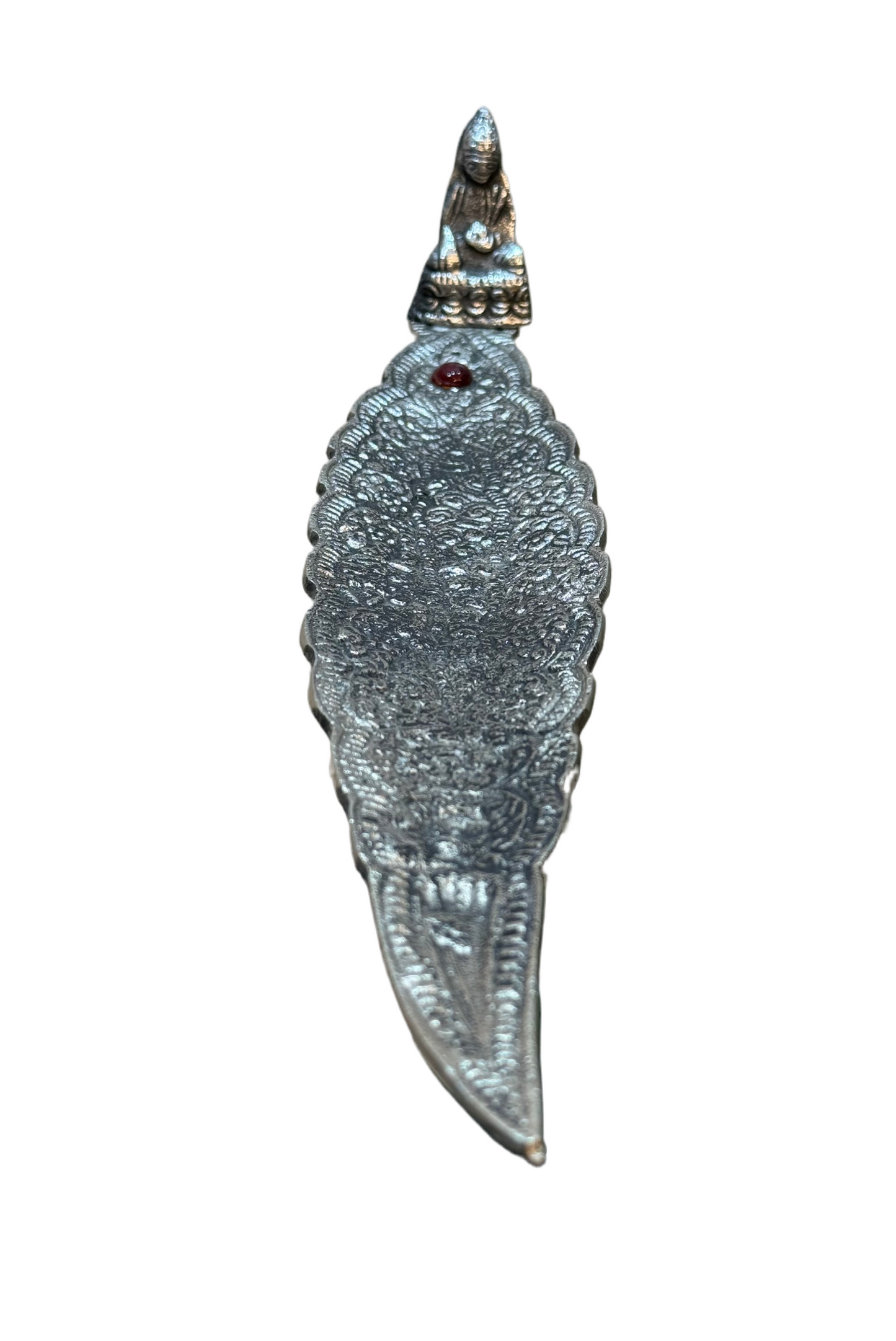 Thai Buddha Silver Aluminum Leaf Incense Stick Holder with Red Stone