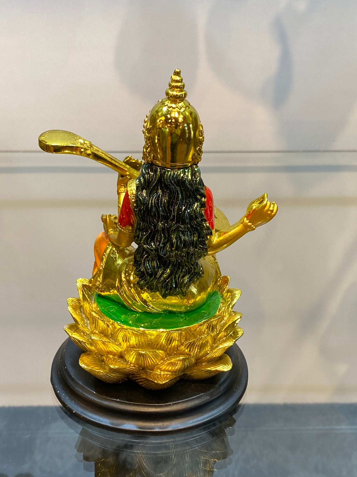 Feng Shui Gold Colored Saraswati on Lotus Small 3”Statue Hindu Goddess of Knowledge Deity Icon