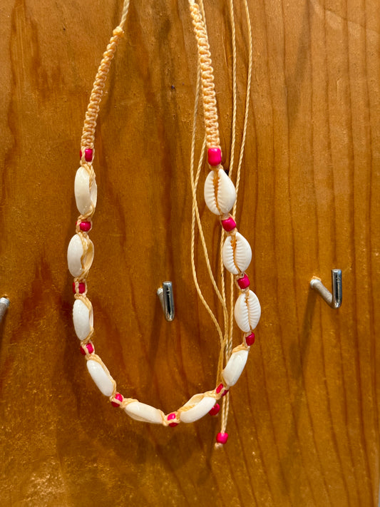 Handmade Cowrie Shells Hot Pink Beads String Pull Tie Choker Necklace