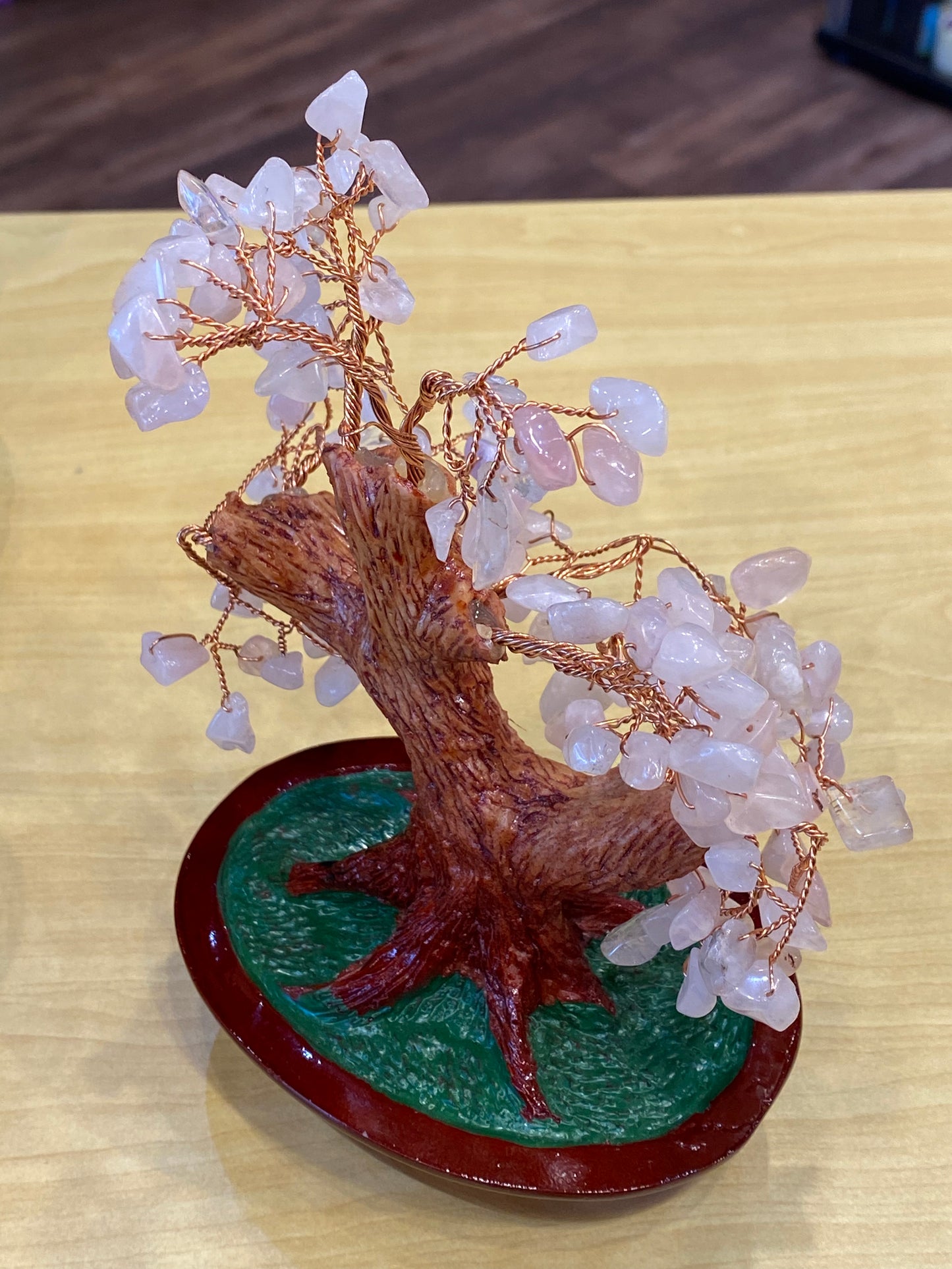 Feng Shui Bonsai Gemstone Rose Quartz Tree In Red Tub