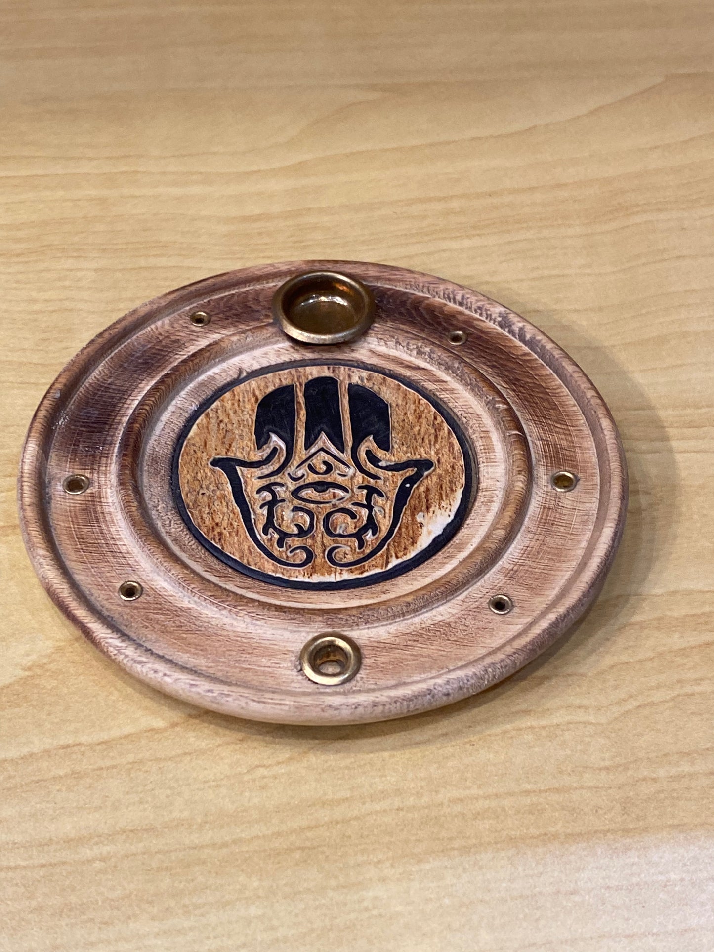 Wood Round Fatima Incense Cone and Stick Burner