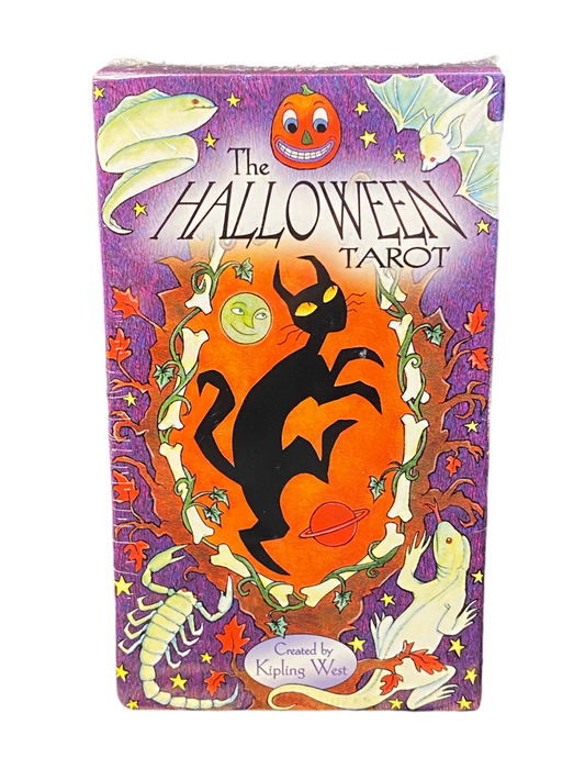 The Halloween Tarot Deck box with vibrant spooky artwork featuring a black cat and festive Halloween symbols.