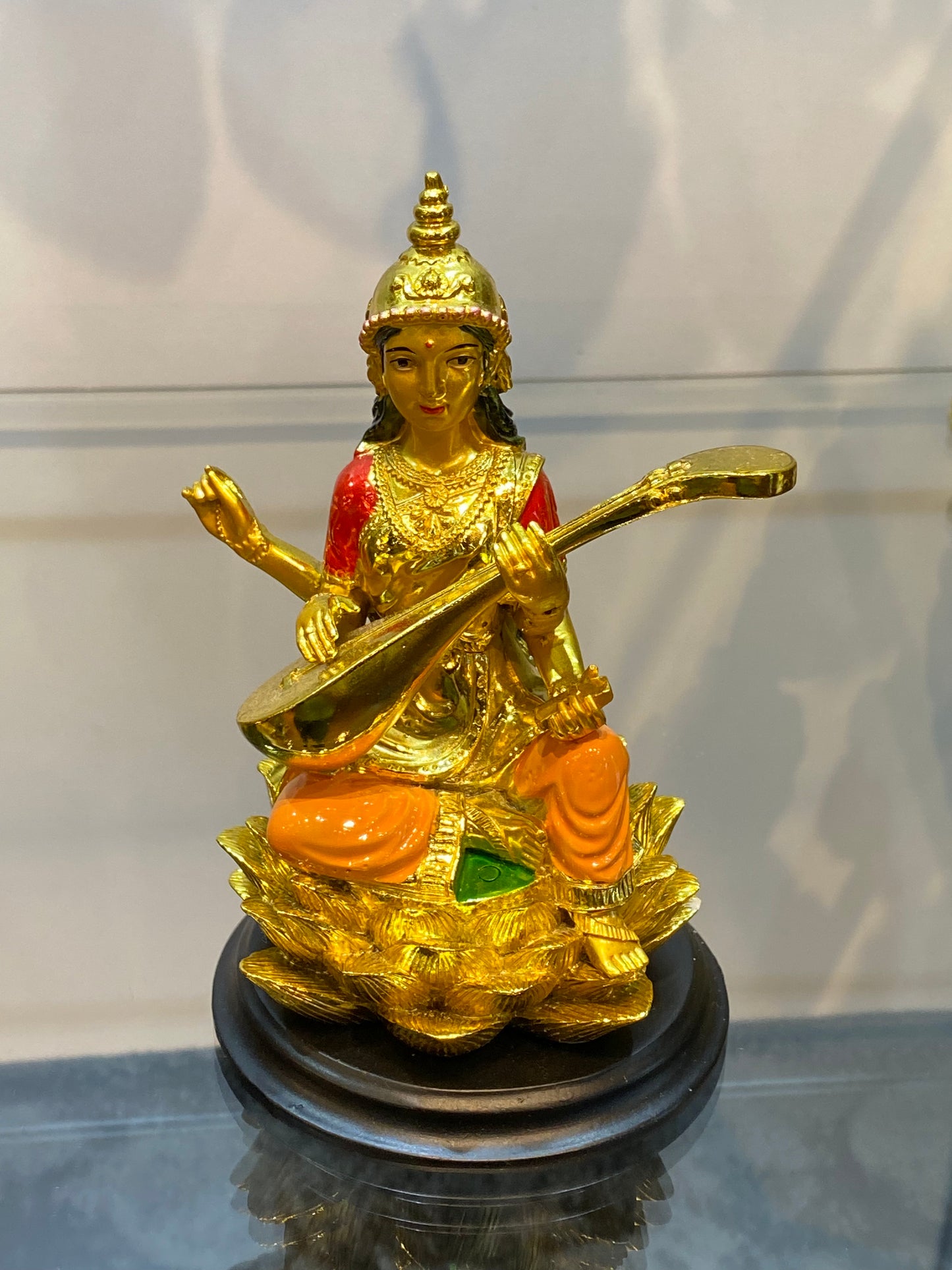 Feng Shui Gold Colored Saraswati on Lotus Small 3”Statue Hindu Goddess of Knowledge Deity Icon
