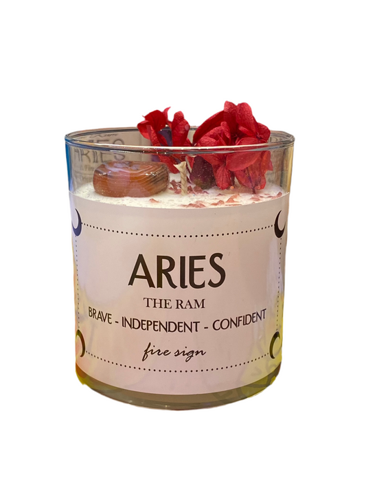 Lunastry Aries Candle with crystals and flowers, hand-poured soy wax.
