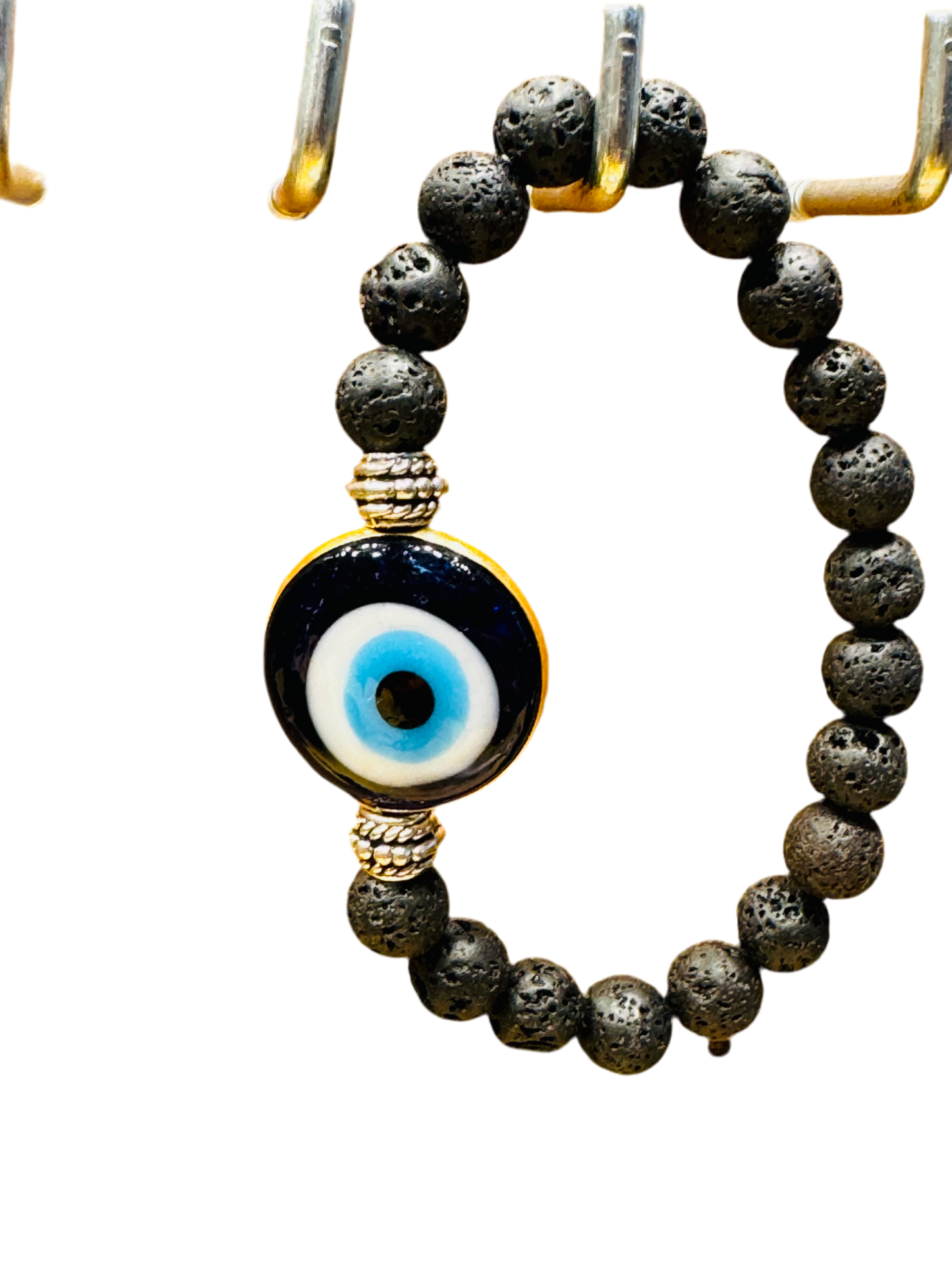 Lava Rock Evil Eye Medallion Gemstone Bracelet with natural lava beads and protective evil eye centerpiece.