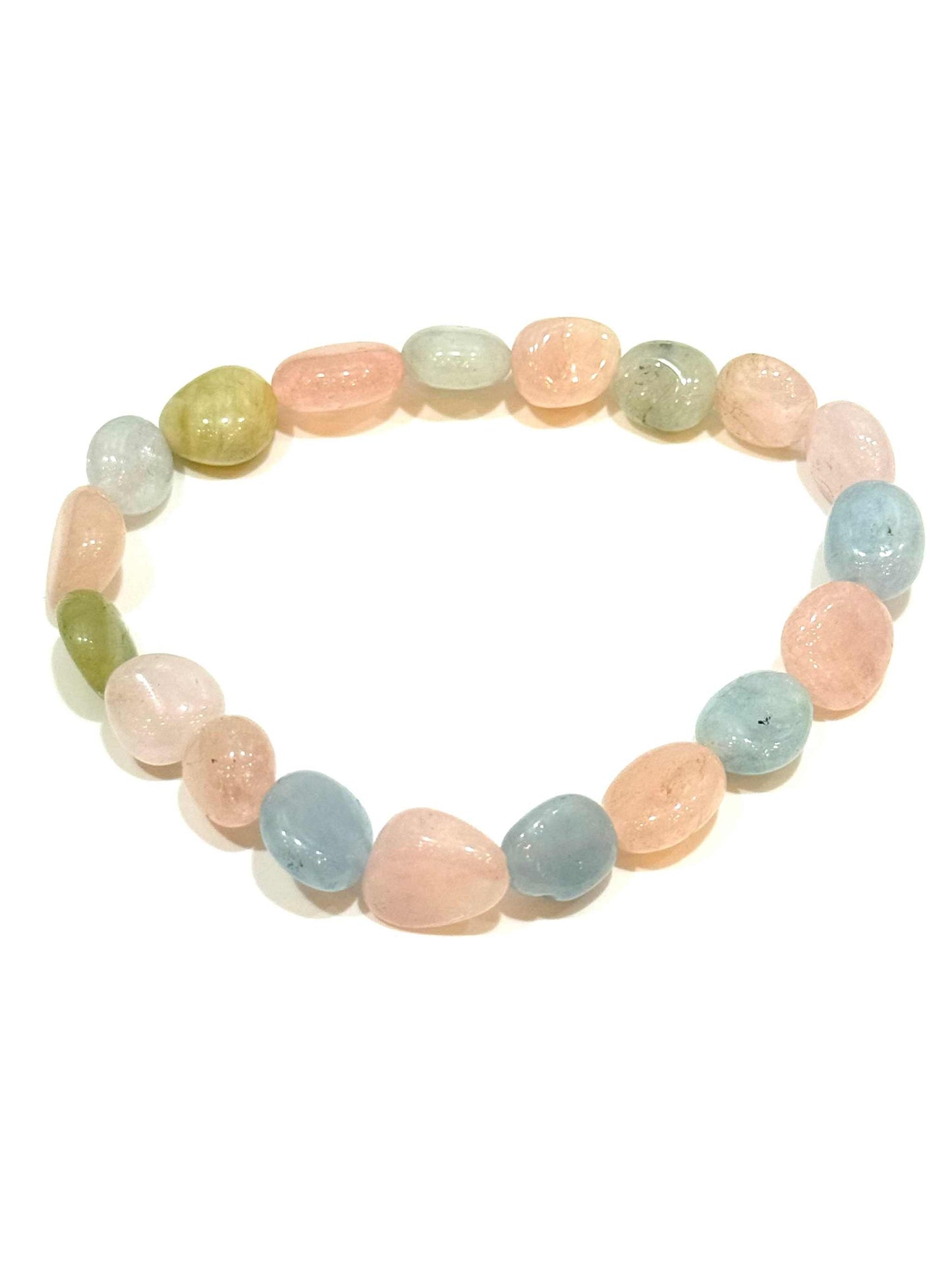 Morganite Nugget Tumbled Polished Stretch Bracelet with pastel-colored stones.