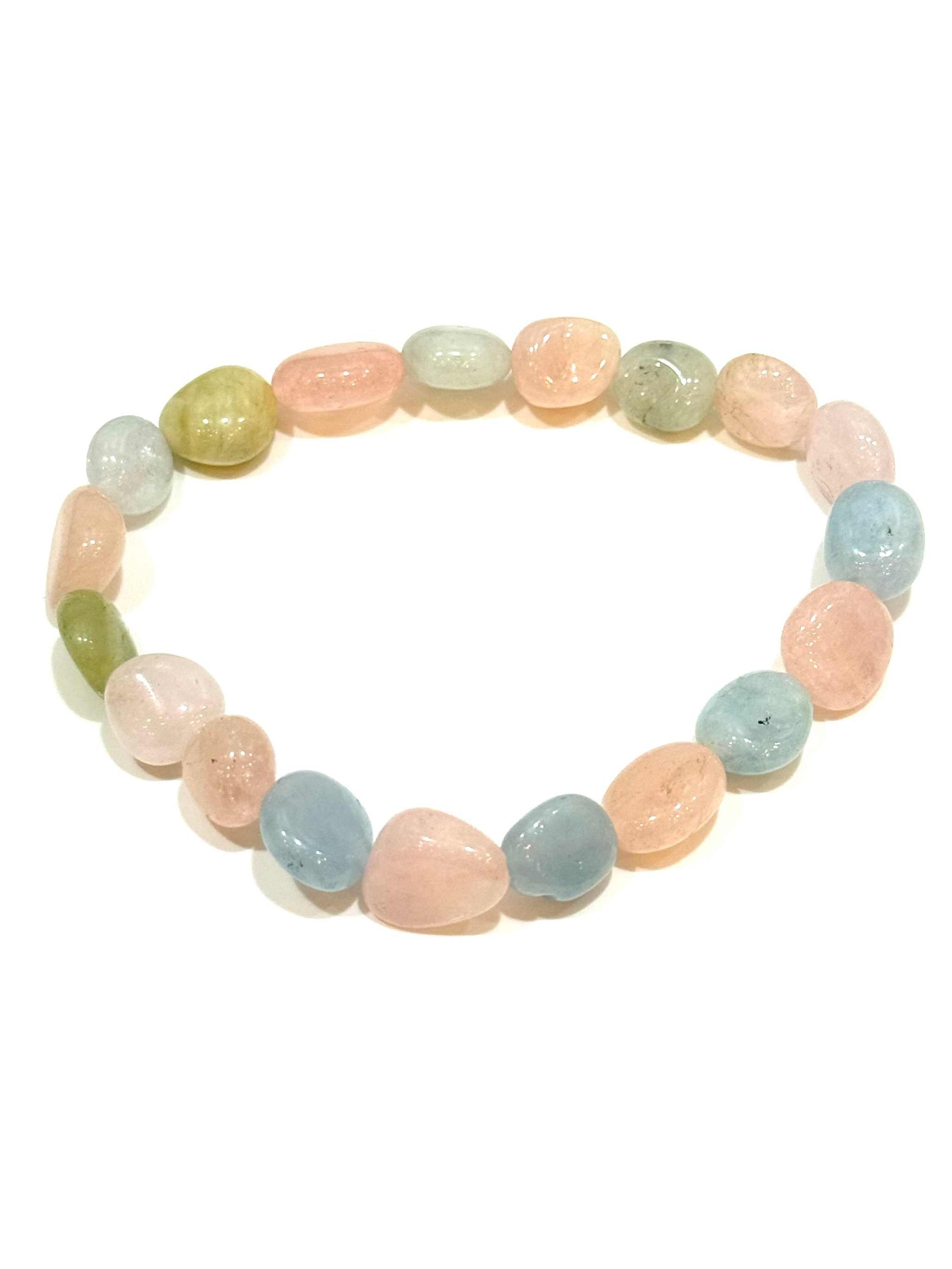 Morganite Nugget Tumbled Polished Stretch Bracelet with pastel-colored stones.