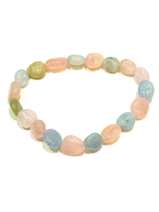 Morganite Nugget Tumbled Polished Stretch Bracelet with pastel-colored stones.
