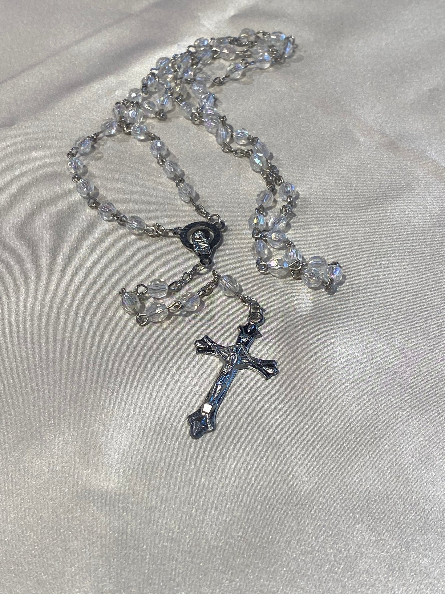 Mi Primero Communion Clear Glass Beaded Rosary Jesus Christ On Cross Silver Amulet