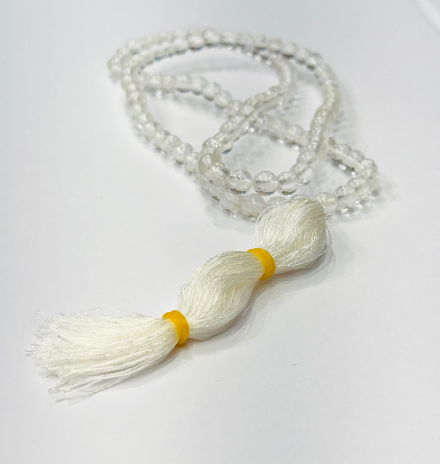 Japamala Genuine Prayer Mala Beads Clear Crystal Quartz with White Tassel