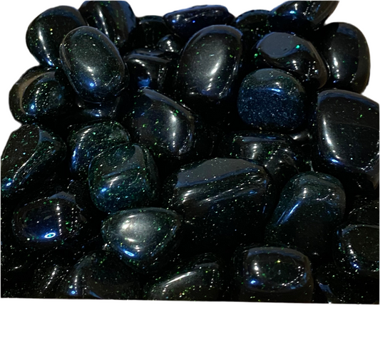 Green Goldstone Tumbled Stone with glittering surface and deep green hue.