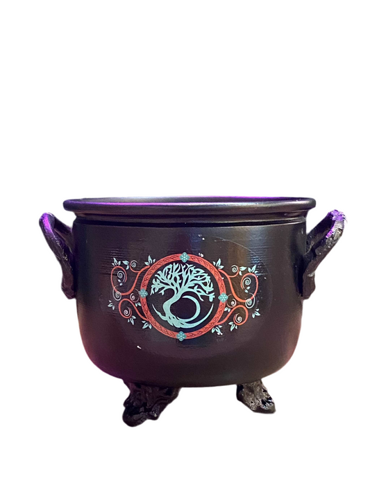 Iron Tree of Life Cauldron with intricate Tree of Life design, ideal for rituals and spiritual practices.