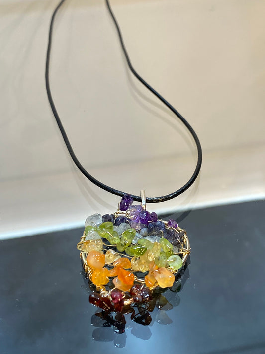 7 Chakra Chips Heart Silver Wire Wrapped Pendant With Black Cord Necklace