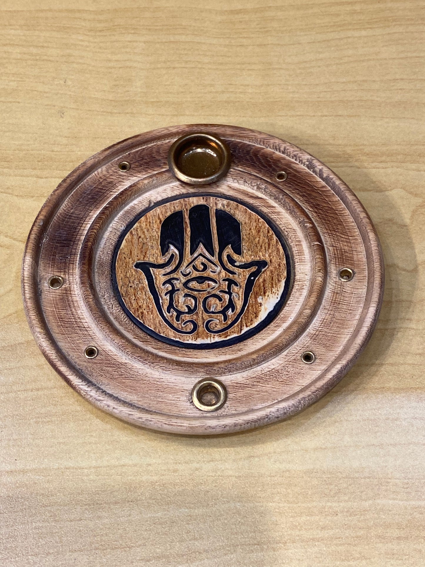 Wood Round Fatima Incense Cone and Stick Burner