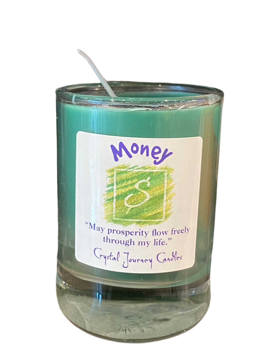 Crystal Journey Filled Glass Votive Money candle for prosperity.