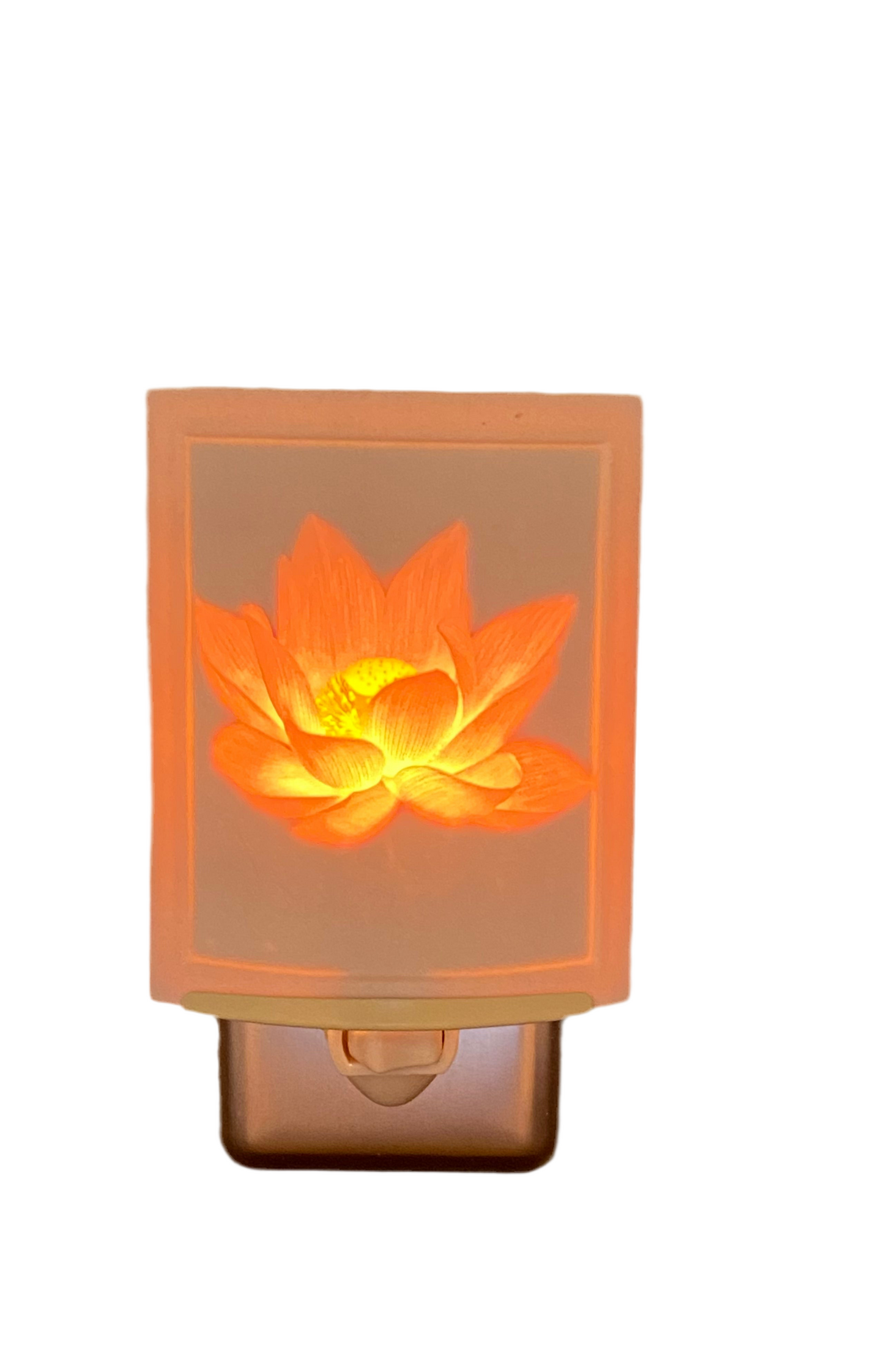 Painted Lotus Lithophane Night Light crafted from porcelain, glowing with intricate engraved design.