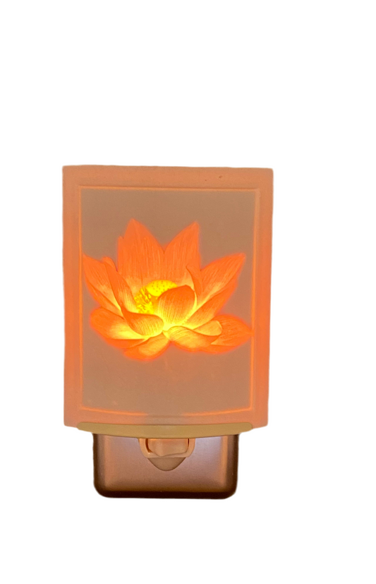 Painted Lotus Lithophane Night Light crafted from porcelain, glowing with intricate engraved design.