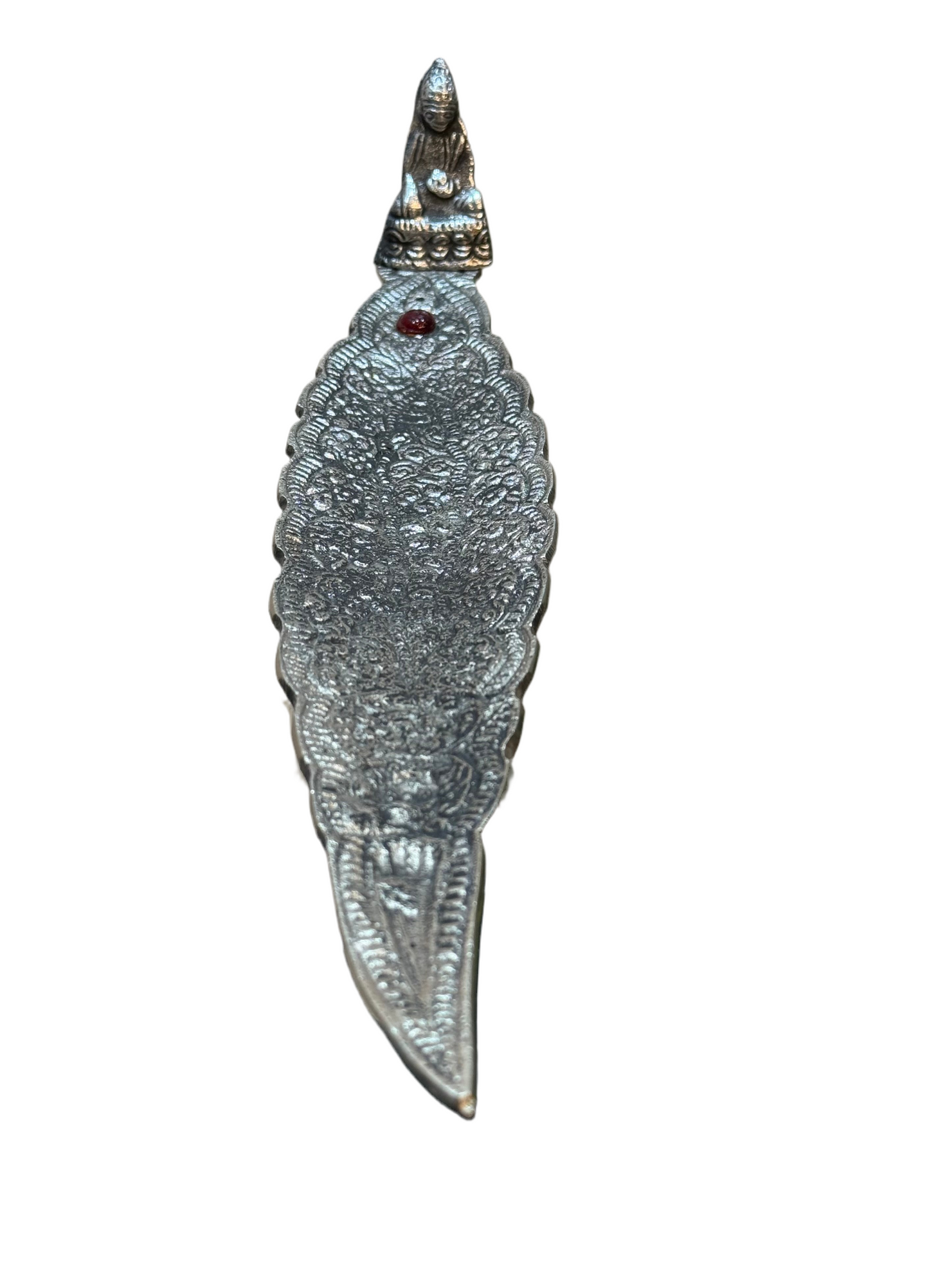 Thai Buddha Silver Aluminum Leaf Incense Stick Holder with Red Stone