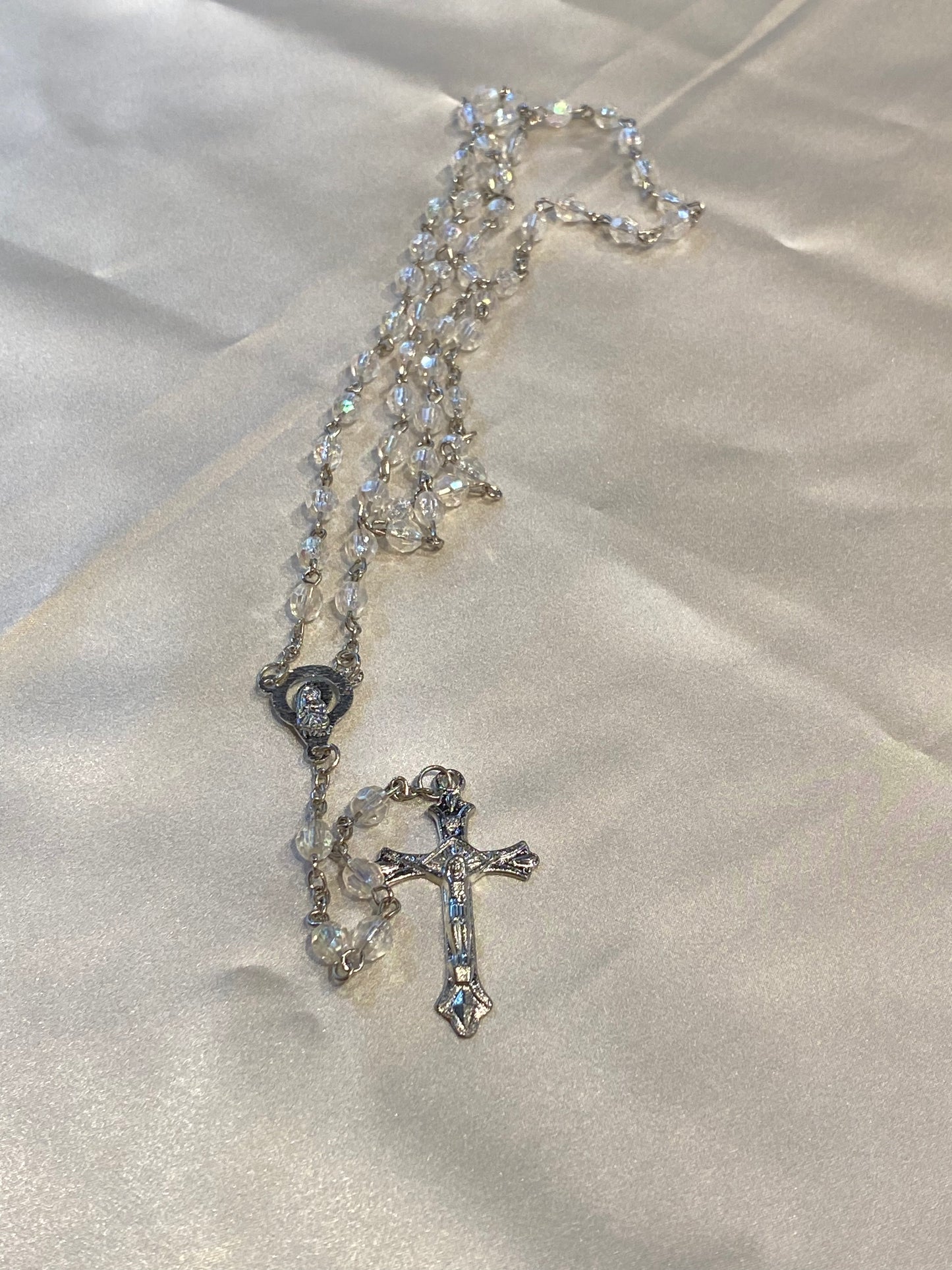 Mi Primero Communion Clear Glass Beaded Rosary Jesus Christ On Cross Silver Amulet