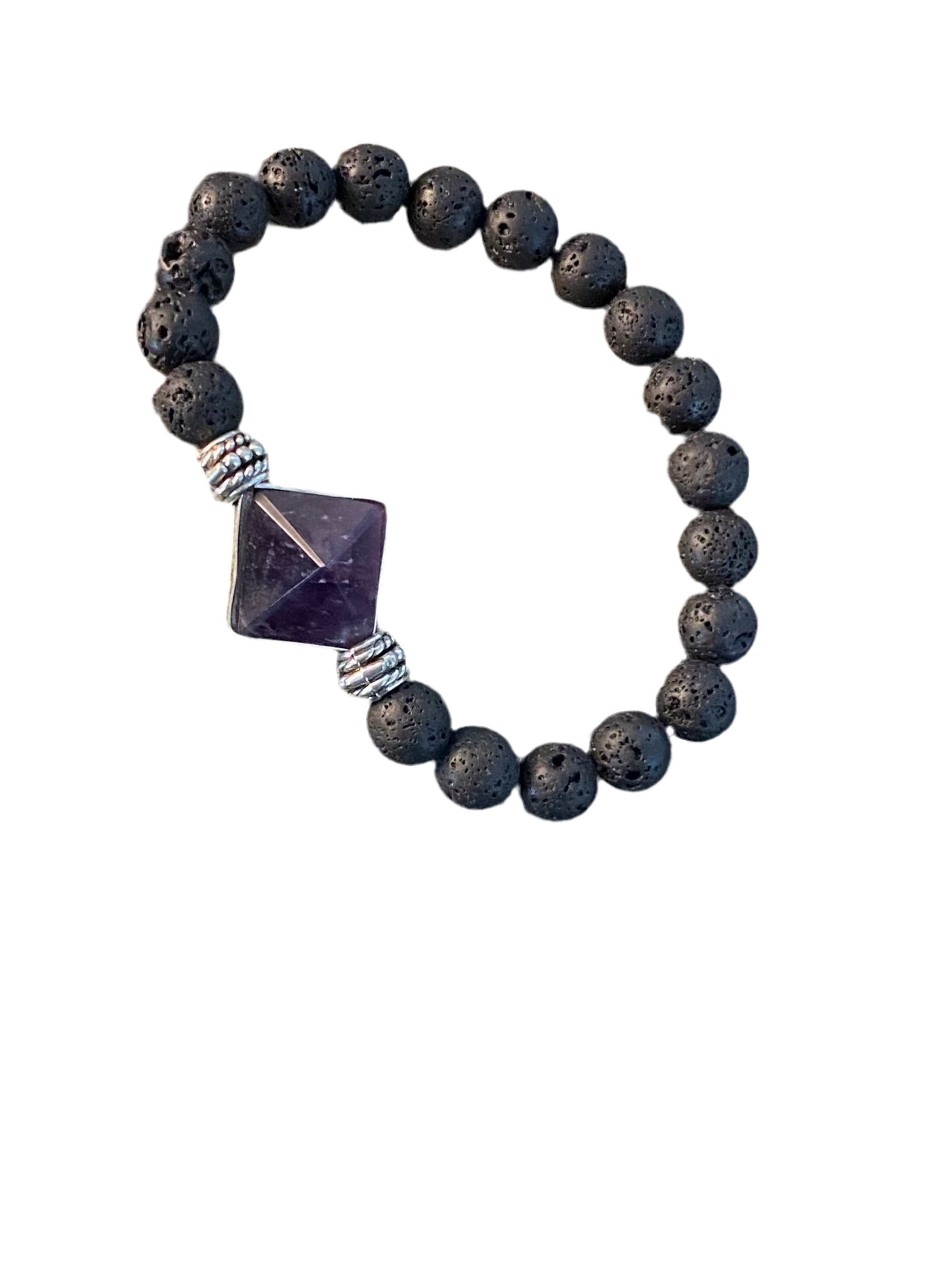 Lava Rock Gemstone Bracelet With Amethyst Pyramid