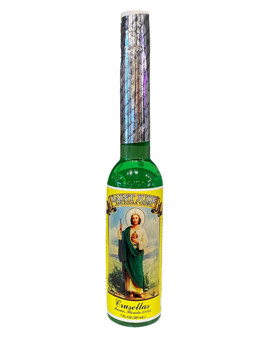 Saint Jude Cologne bottle with a green and silver design, symbolizing hope and spiritual connection.