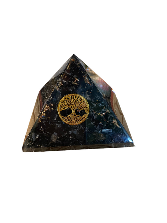 Orgonite Pyramid Large Black Tourmaline with Tree of Life and Gold Dust.