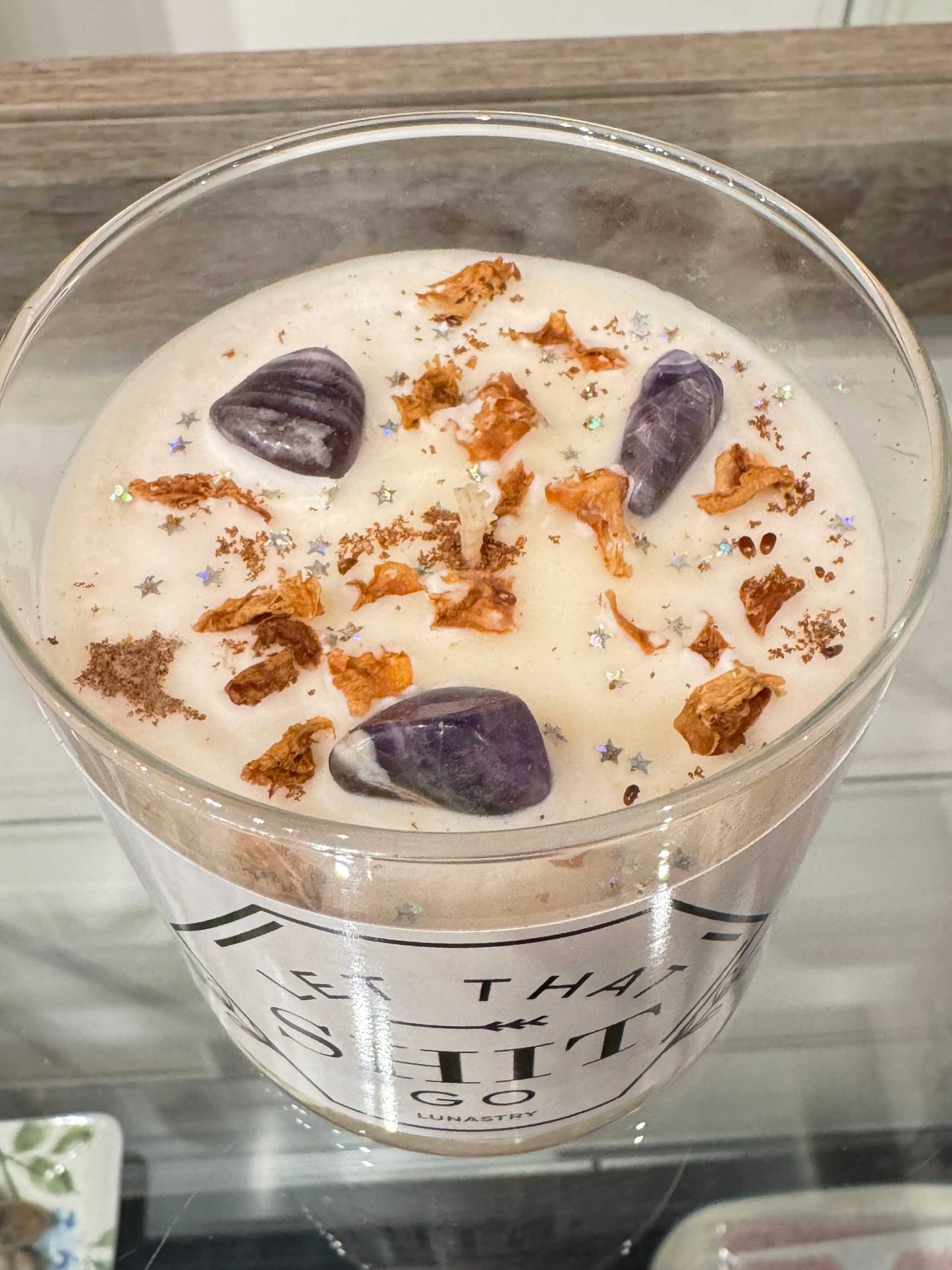 Crystal Candle Let That Shit Go! Hand Poured Amethyst Crystals, Rose Petals and Glitter made by Lunastry