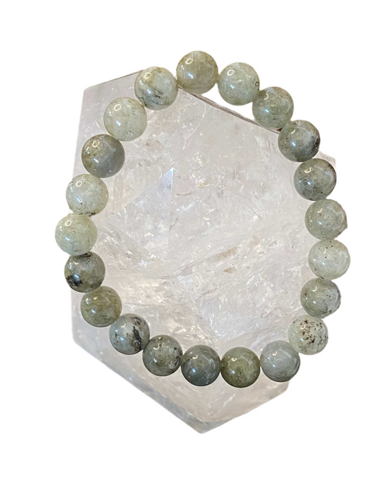 Labradorite Beaded String Round Bracelet 8mm with iridescent labradorite beads on clear background.