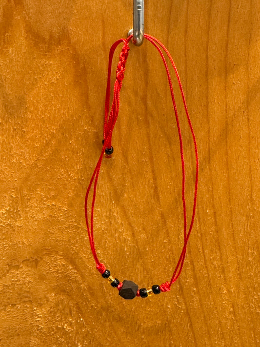 Handmade Red String Pull Tie Bracelet Amber and Black Beads