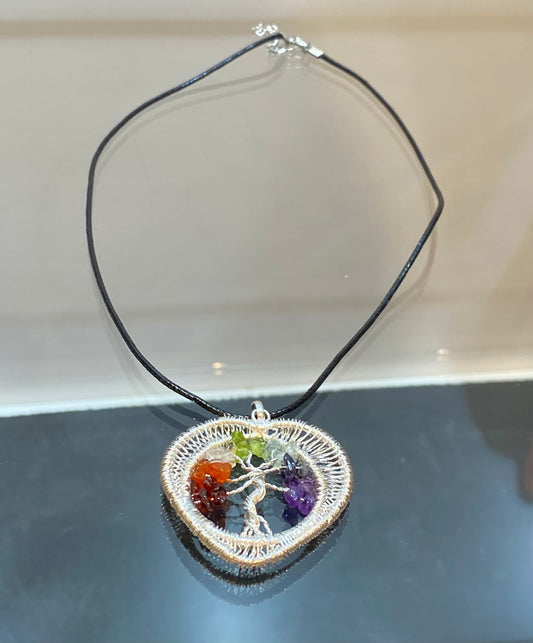 7 Chakra Chips Tree of Life Silver Wire Wrapped Heart Pendant with Black Cord Necklace
