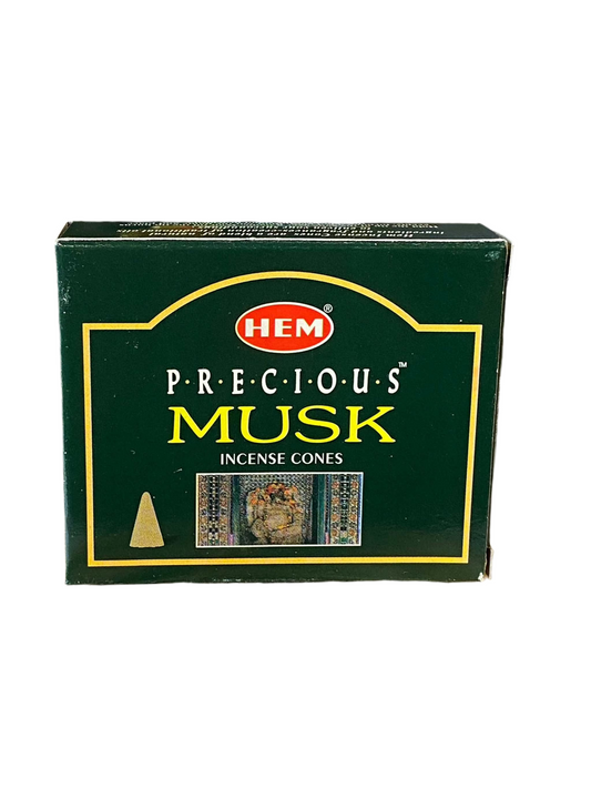 HEM Precious Musk Incense Cones packaging with mystical aroma benefits.