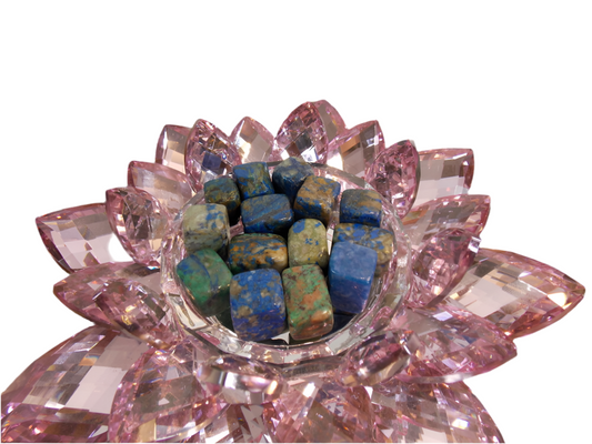 Azurite tumbled stones on crystal lotus plate, polished, high quality.