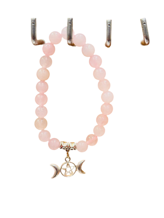 Rose Quartz Gemstone Bracelet with Triple Moon Pentagram symbolizing love and spiritual protection.