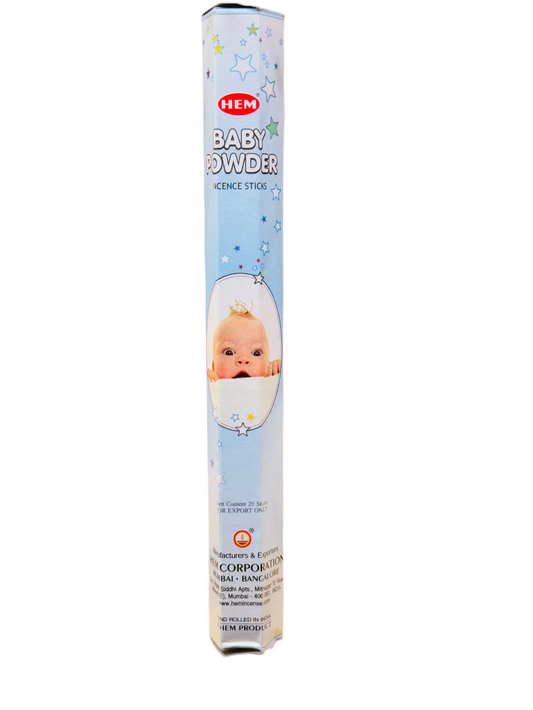 HEM Baby Powder Incense Sticks packaging with soothing design and baby image.