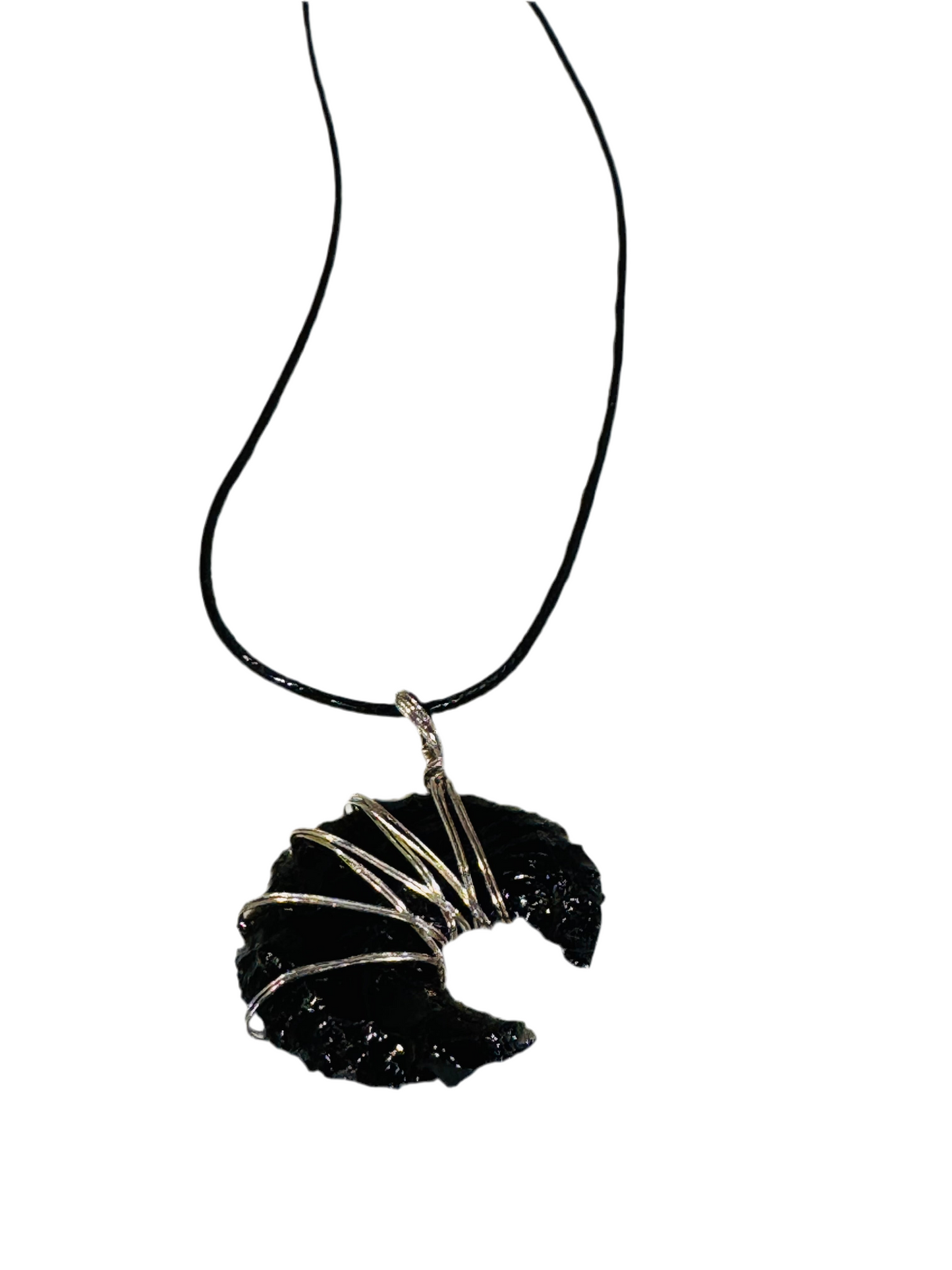 Black Obsidian Crescent Moon Pendant Hand Carved Wire Wrapped with Black Adjustable Cord Necklace