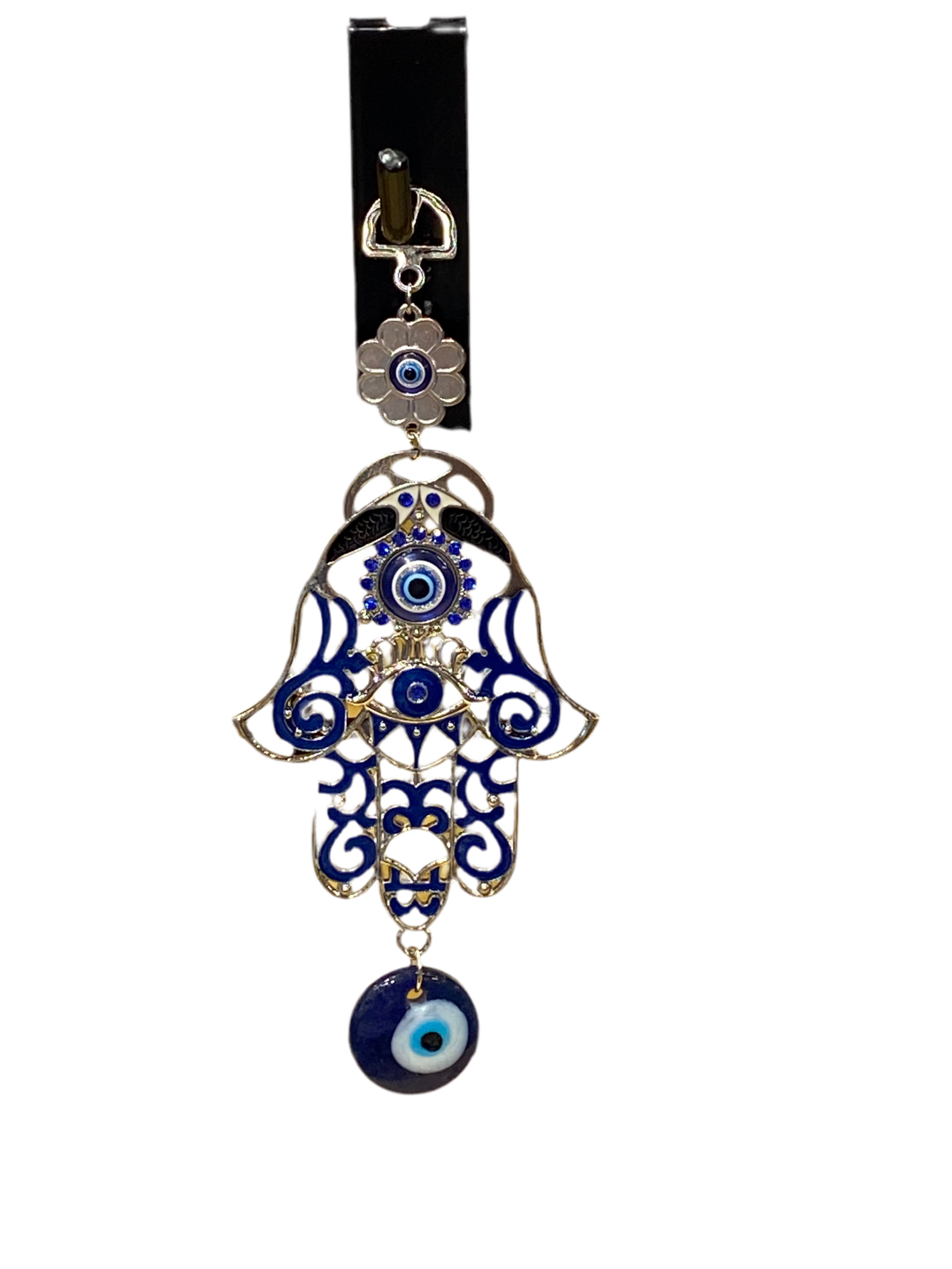 Blue Hamsa talisman with white and black fish and evil eye amulet for wall or door protection.