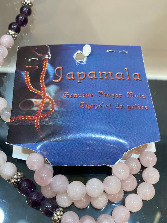 Japamala Prayer Rose Quartz and Amethyst With Lotus Flower Charm Purple Tassle