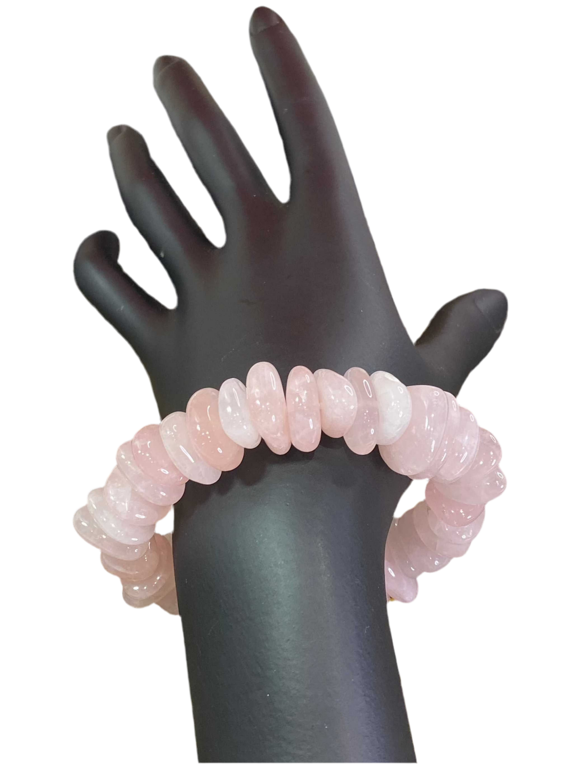 Rose Quartz Chunky Tumbled Chips Bracelet for love and healing on mannequin hand.